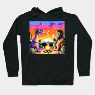 Dinosaur & Caveman Sunset Campfire - Prehistoric Friends Gathering Hoodie